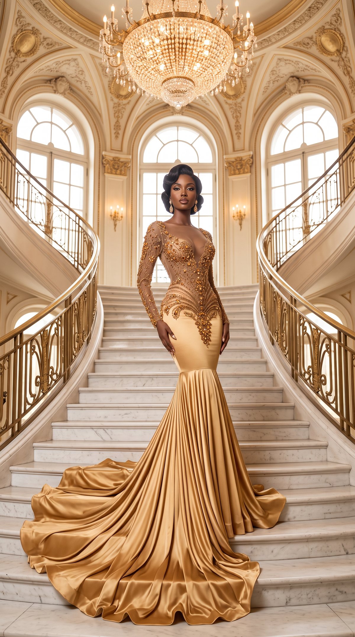 A model wearing a Vision Doris gold mermaid gown on a ballroom staircase (concept render)