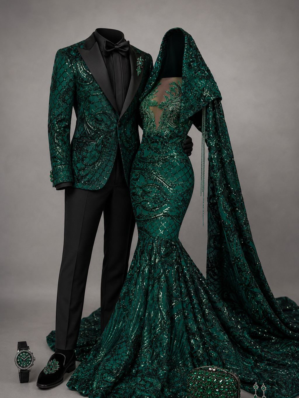 Design concept: emerald sequin gown with cape beside a green suit