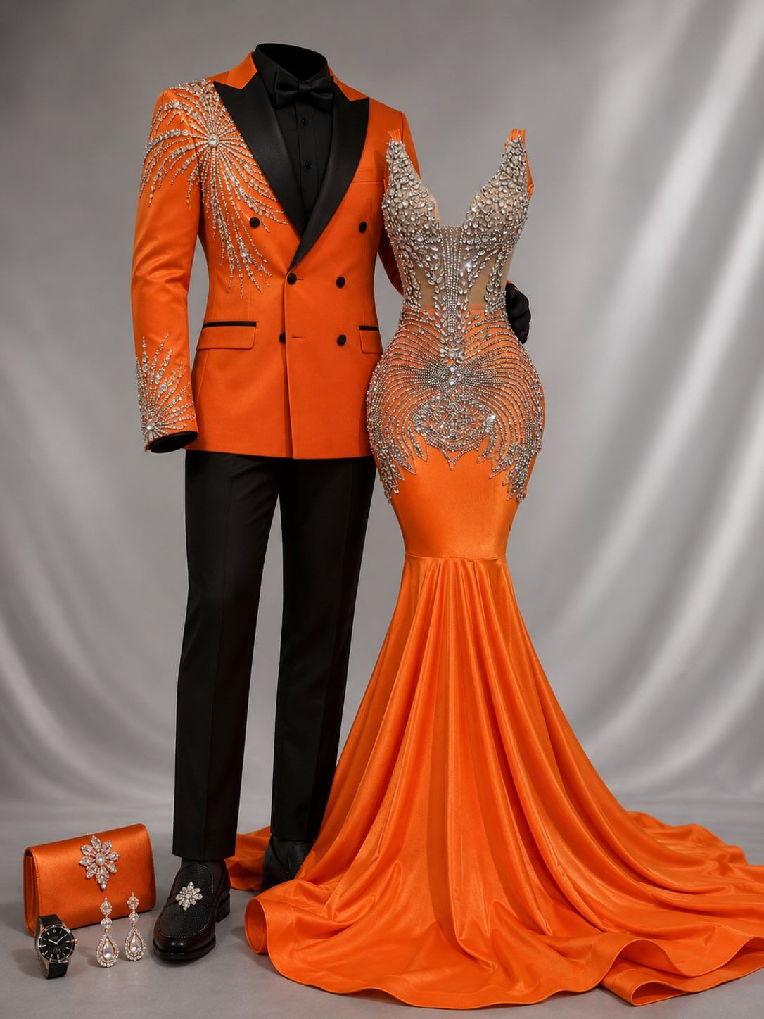 Design concept: orange gown with crystal bodice beside an orange suit