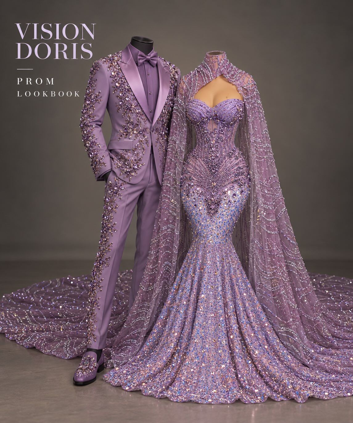 Design concept board: lavender gown with cape and lavender suit