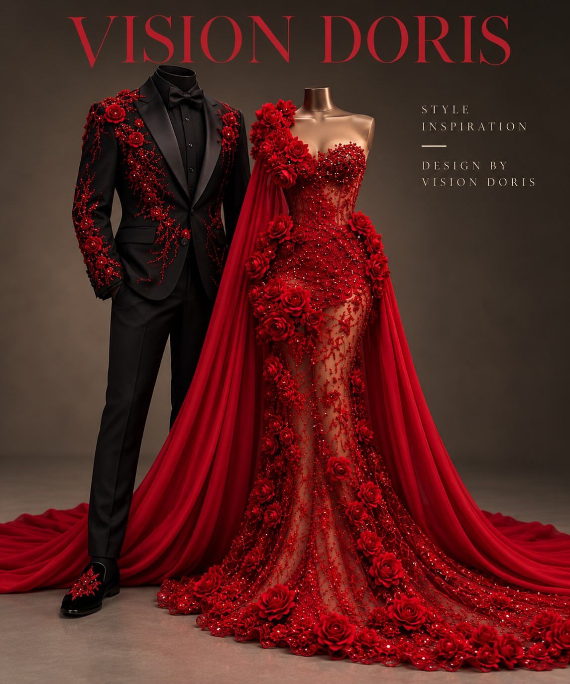 Design concept: red rose gown with cape beside a black and red suit