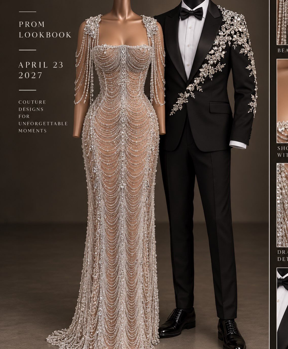 Design concept: pearl and crystal gown beside a black embellished suit