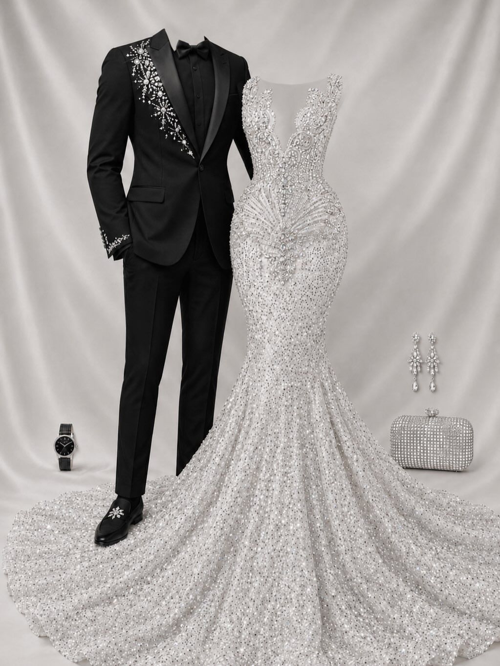 Design concept: ivory crystal-covered gown beside a black suit