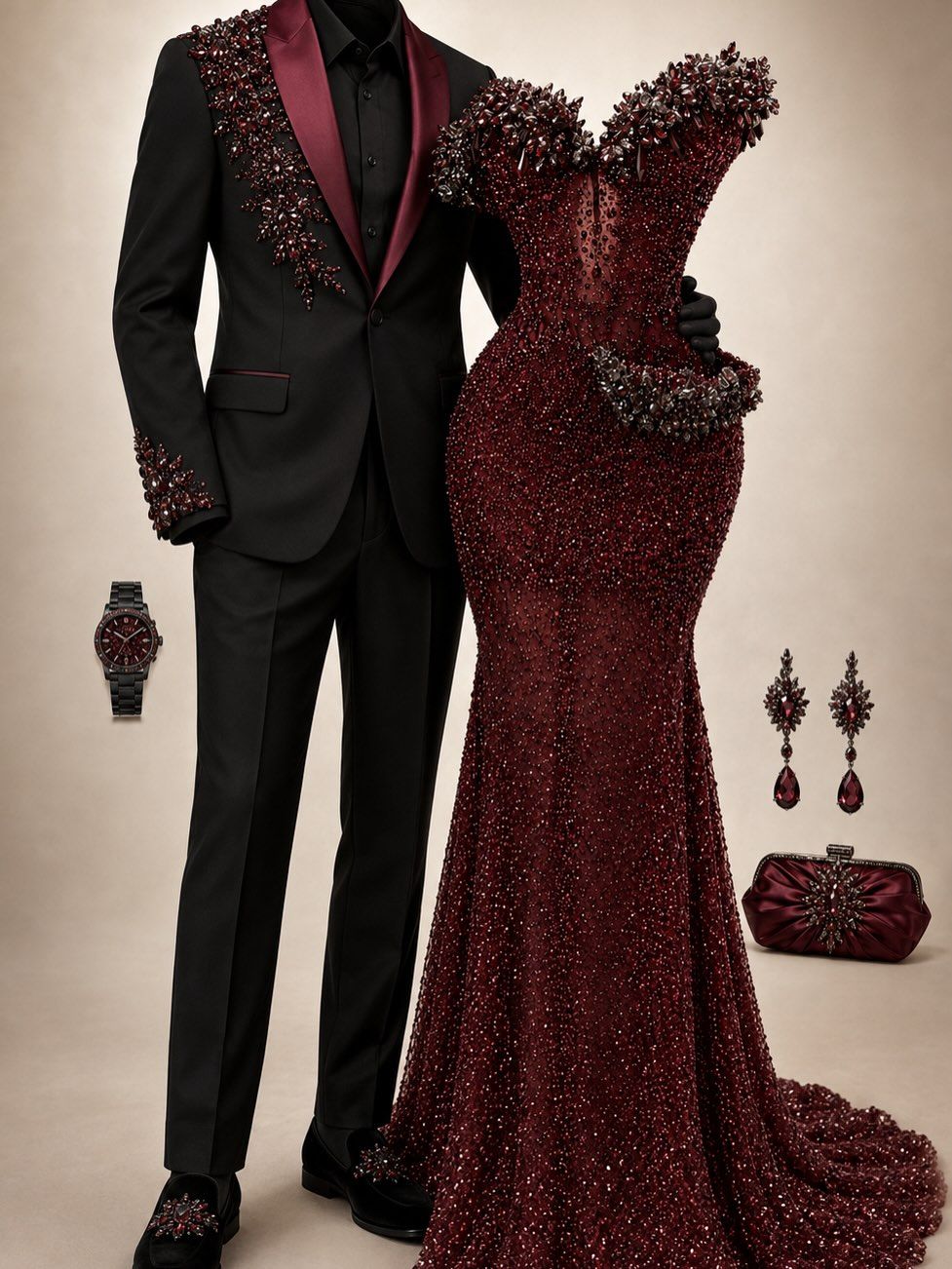 Design concept: burgundy beaded gown beside a black suit