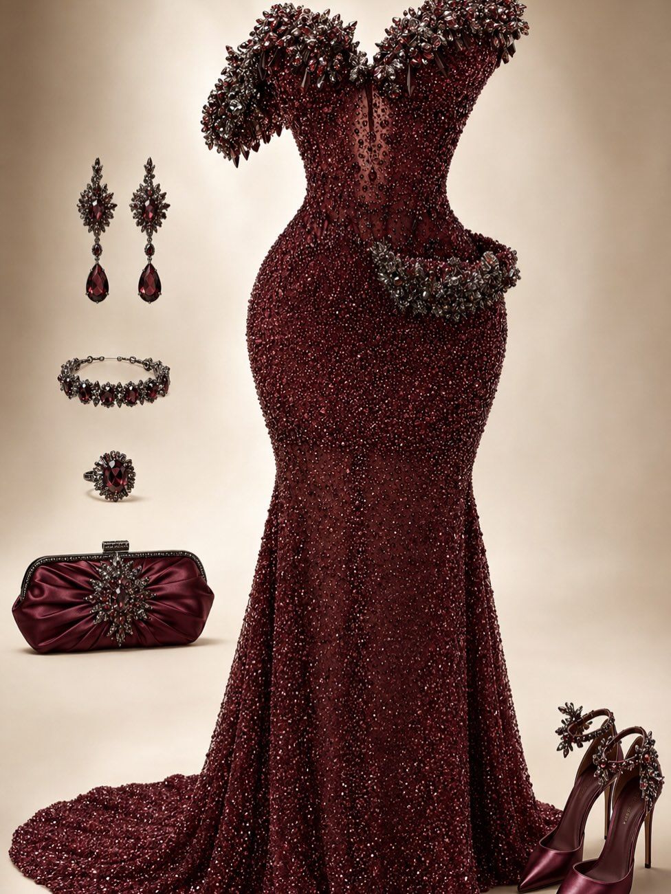 Design concept: burgundy gown styled with clutch, jewellery and heels