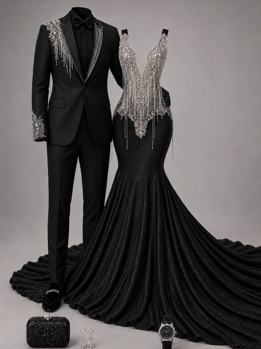 Design concept: black gown with silver plunge beside a black suit