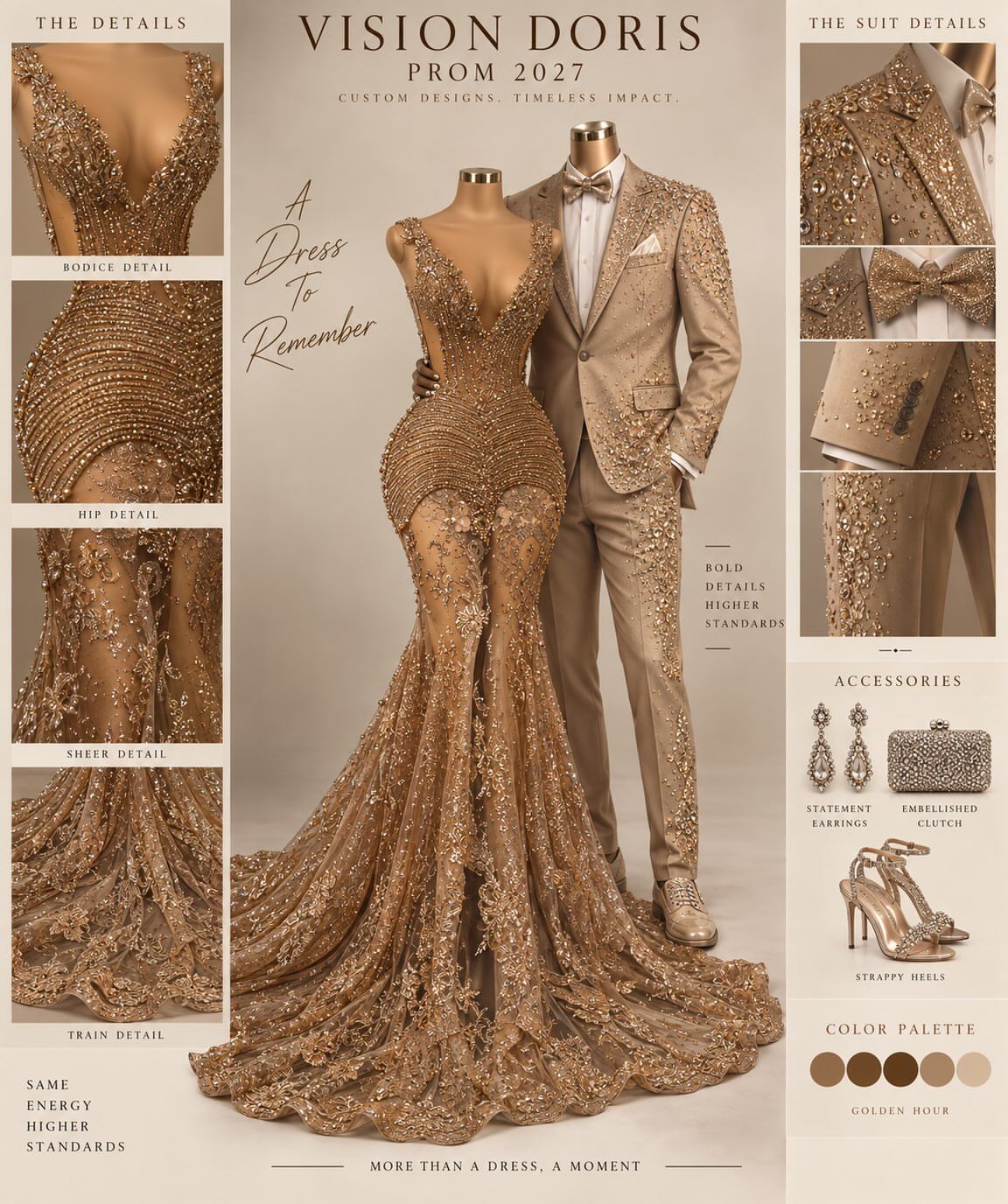 Design concept board: gold gown and suit with bodice, hip and train details