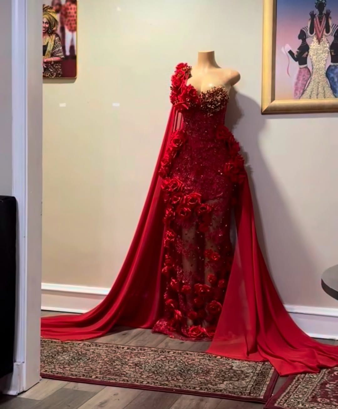 Red rose gown with long cape from the Prom 2027 lookbook