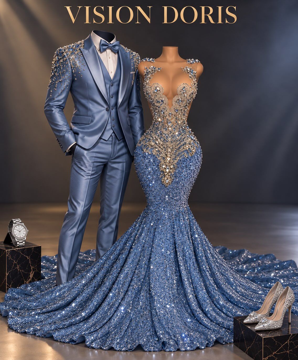 Design concept: steel blue sequin gown with matching suit