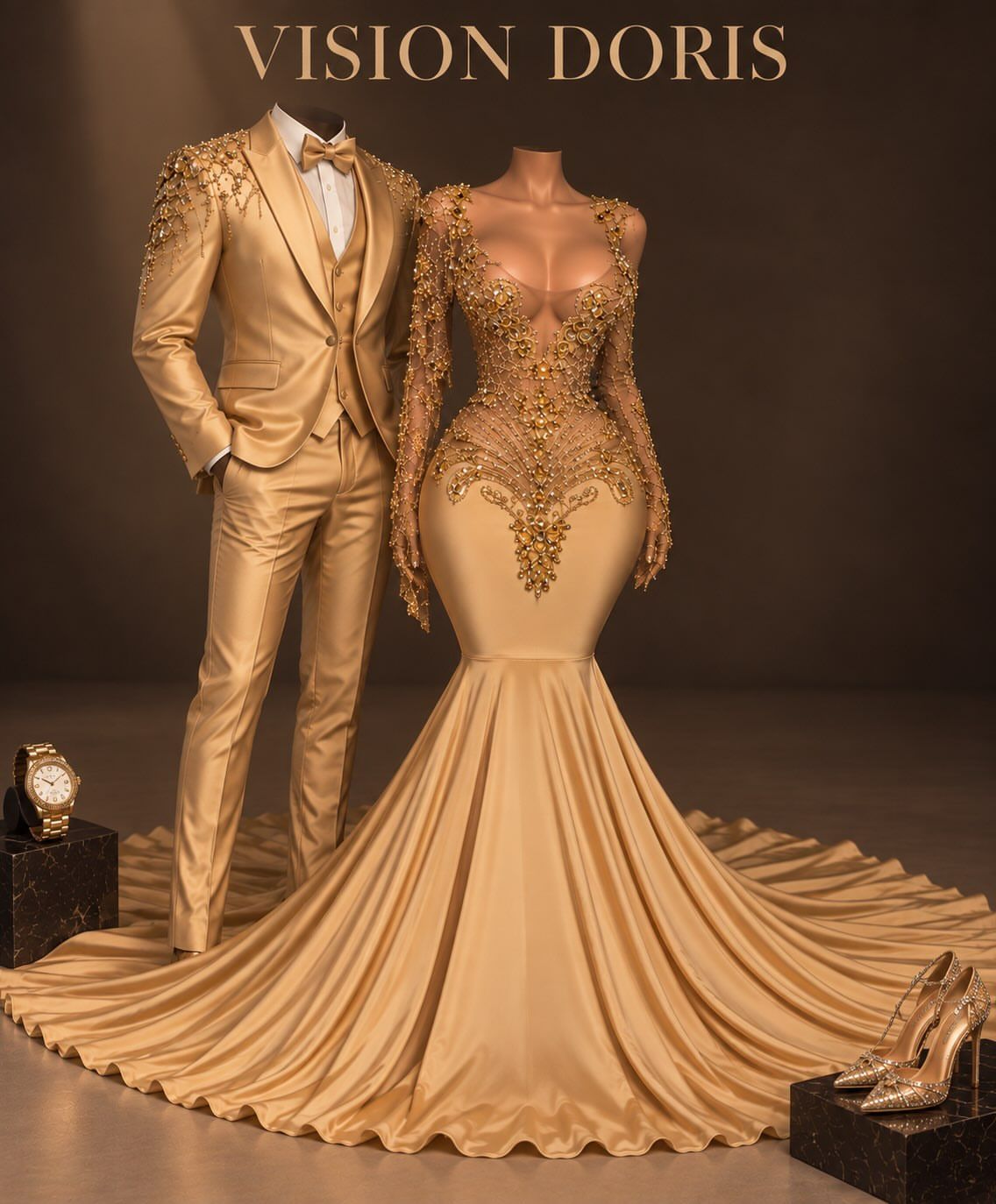 Design concept: gold mermaid gown with matching gold suit